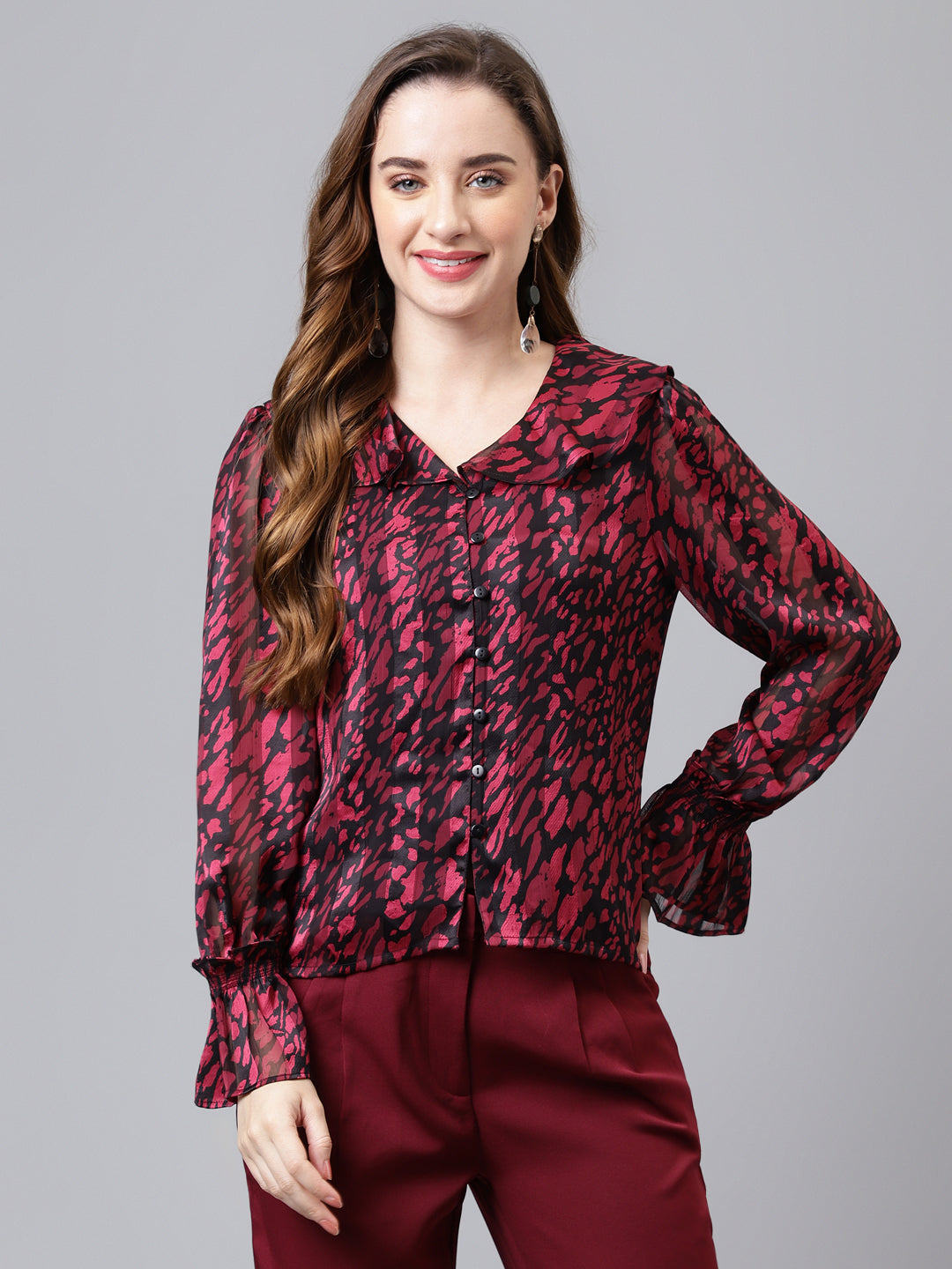 Maroon Full Sleeve Collar Neck Printed Women Blouse Top for Casual