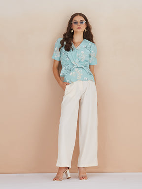 Latin Quarters Women Blue Floral Print Puffed Sleeves V-Neck Top for Casual Occasion