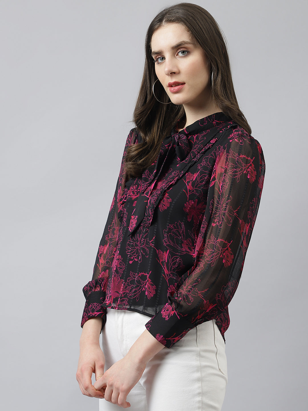Black Tie-Up Neck Long Sleeves Printed Top For Casual Wear