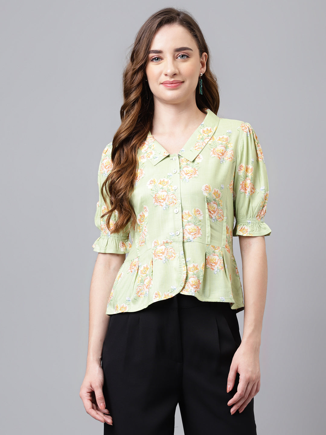 Green Half Sleeve Collar Neck Printed Women Blouse Top for Casual