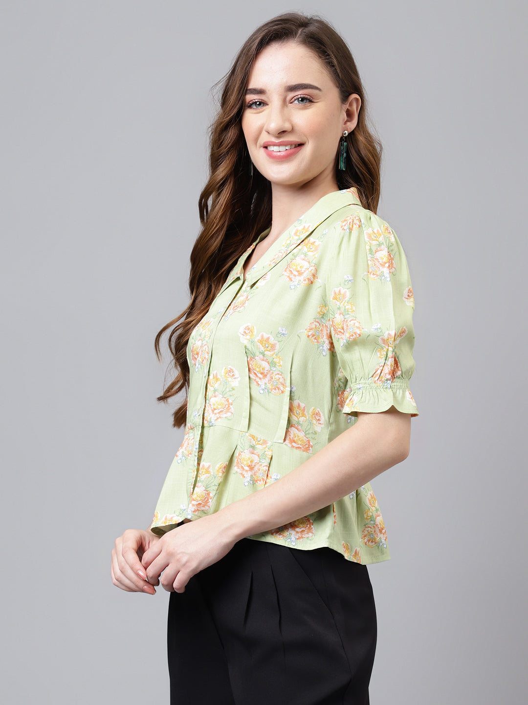 Green Half Sleeve Collar Neck Printed Women Blouse Top for Casual