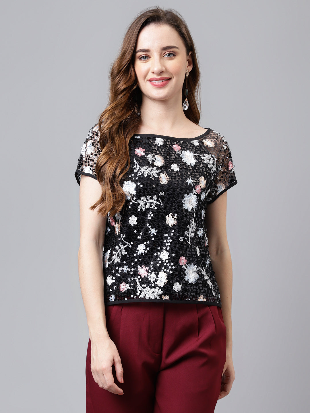 Black Cap Sleeve Round Neck Solid Blouse For Women