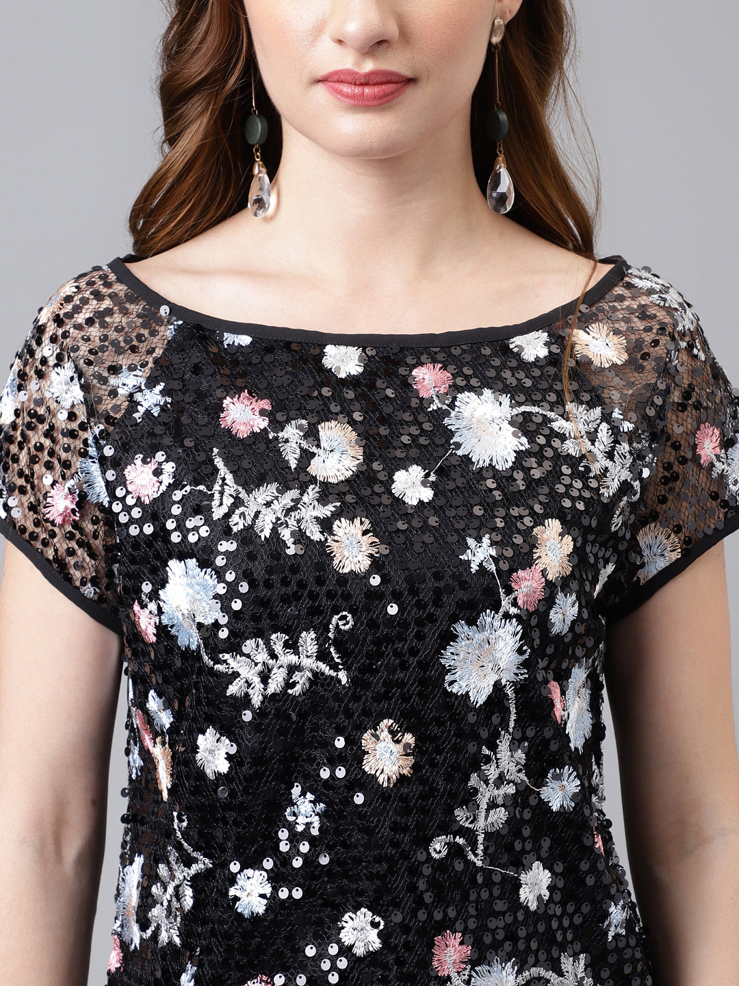 Black Cap Sleeve Round Neck Solid Blouse For Women