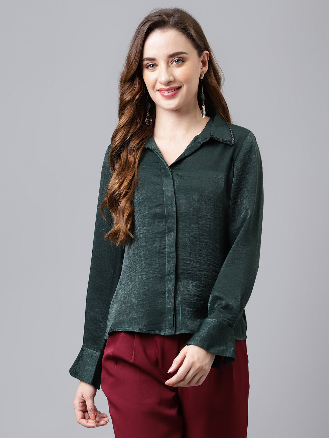 Greenbottle Full Sleeve Collar Neck Solid Women Shirt for Casual