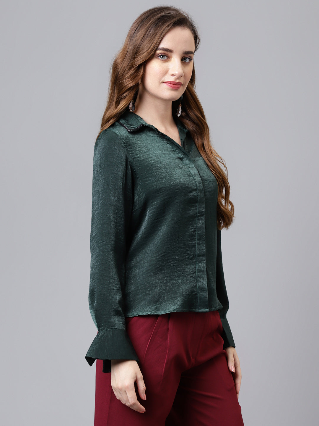 GREENBOTLE Full Sleeve Collar Neck Solid Women Shirt for Casual