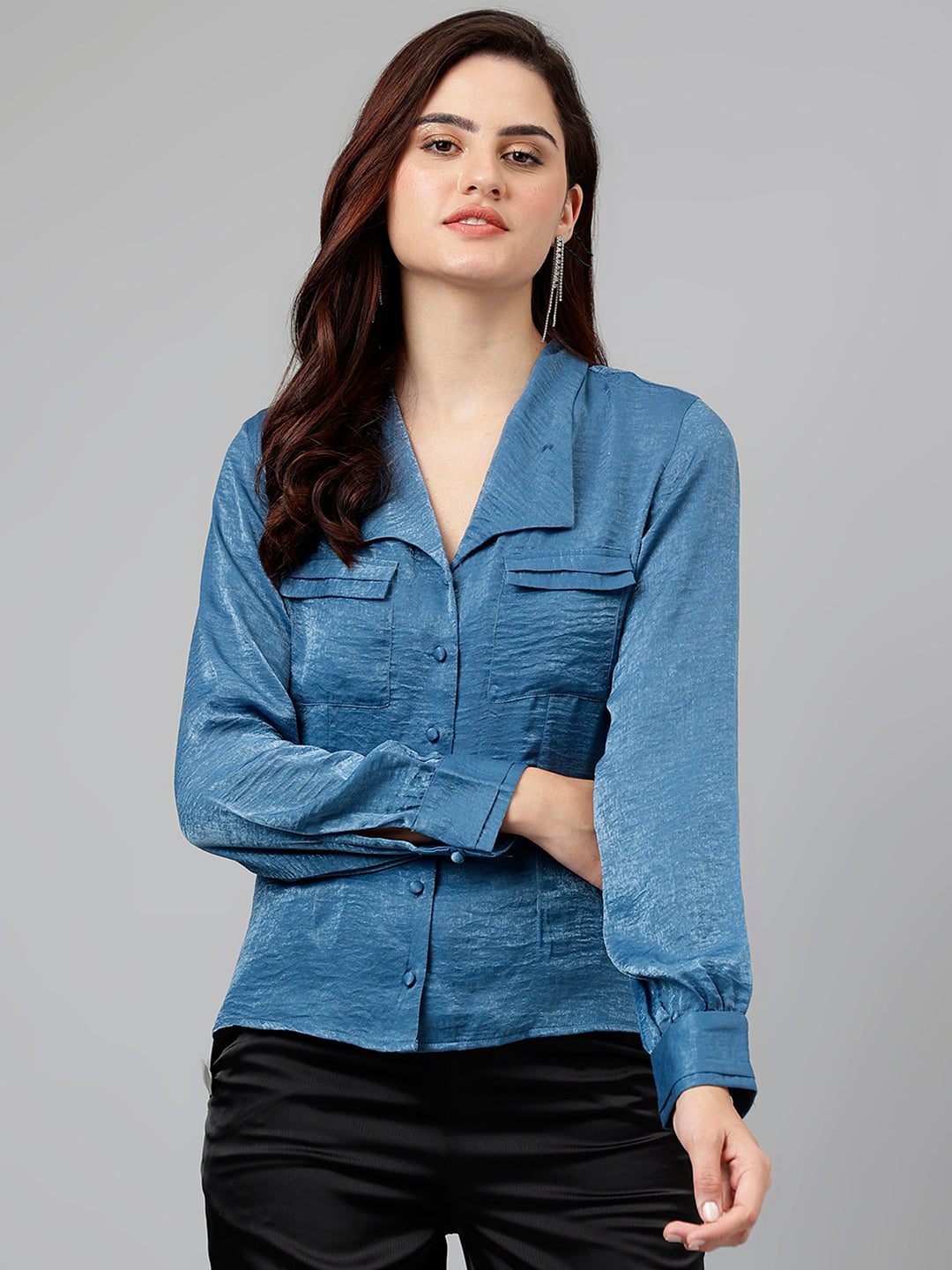 Blue Solid Polyester Blouse