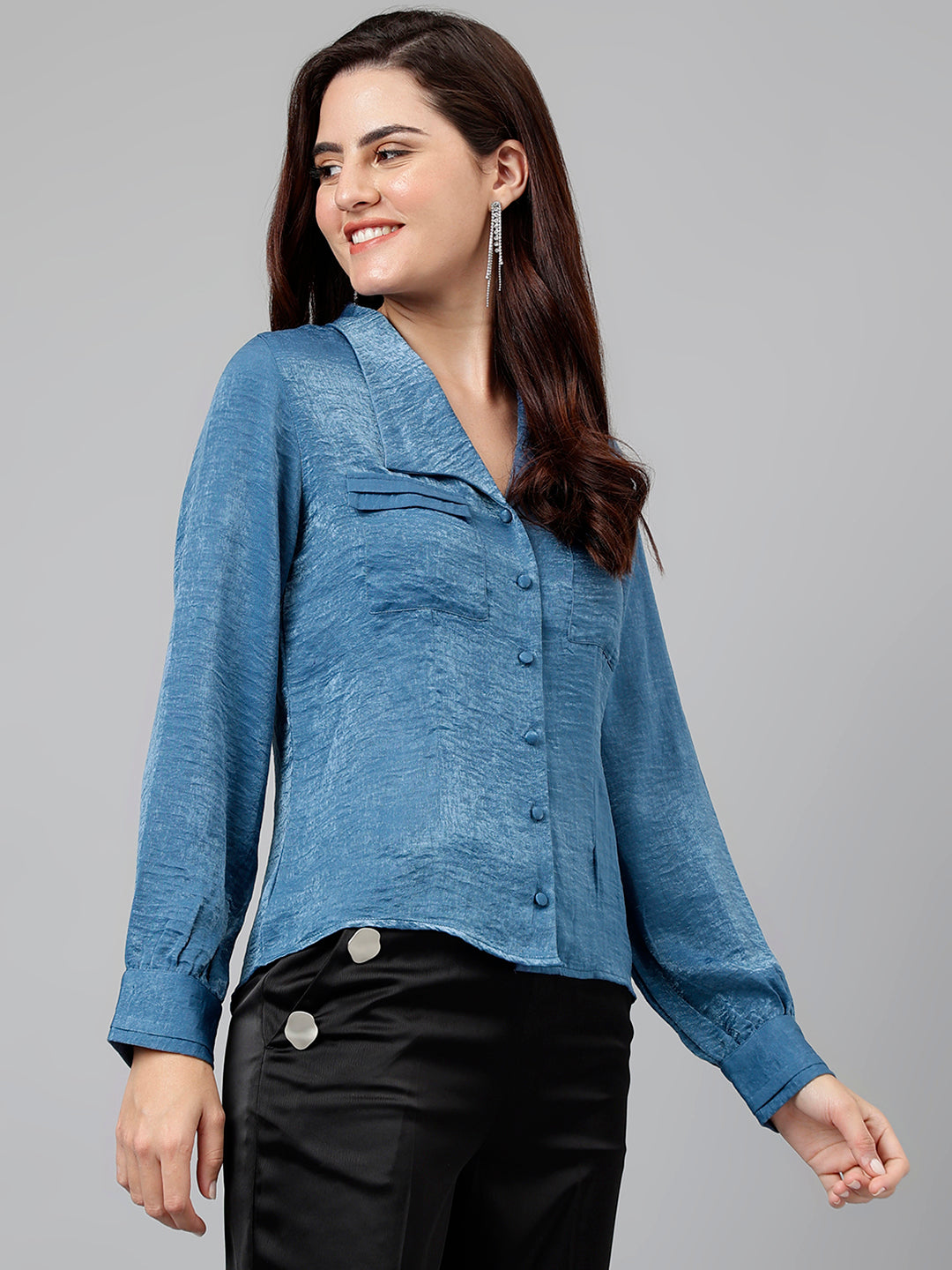 Blue Solid Polyester Blouse