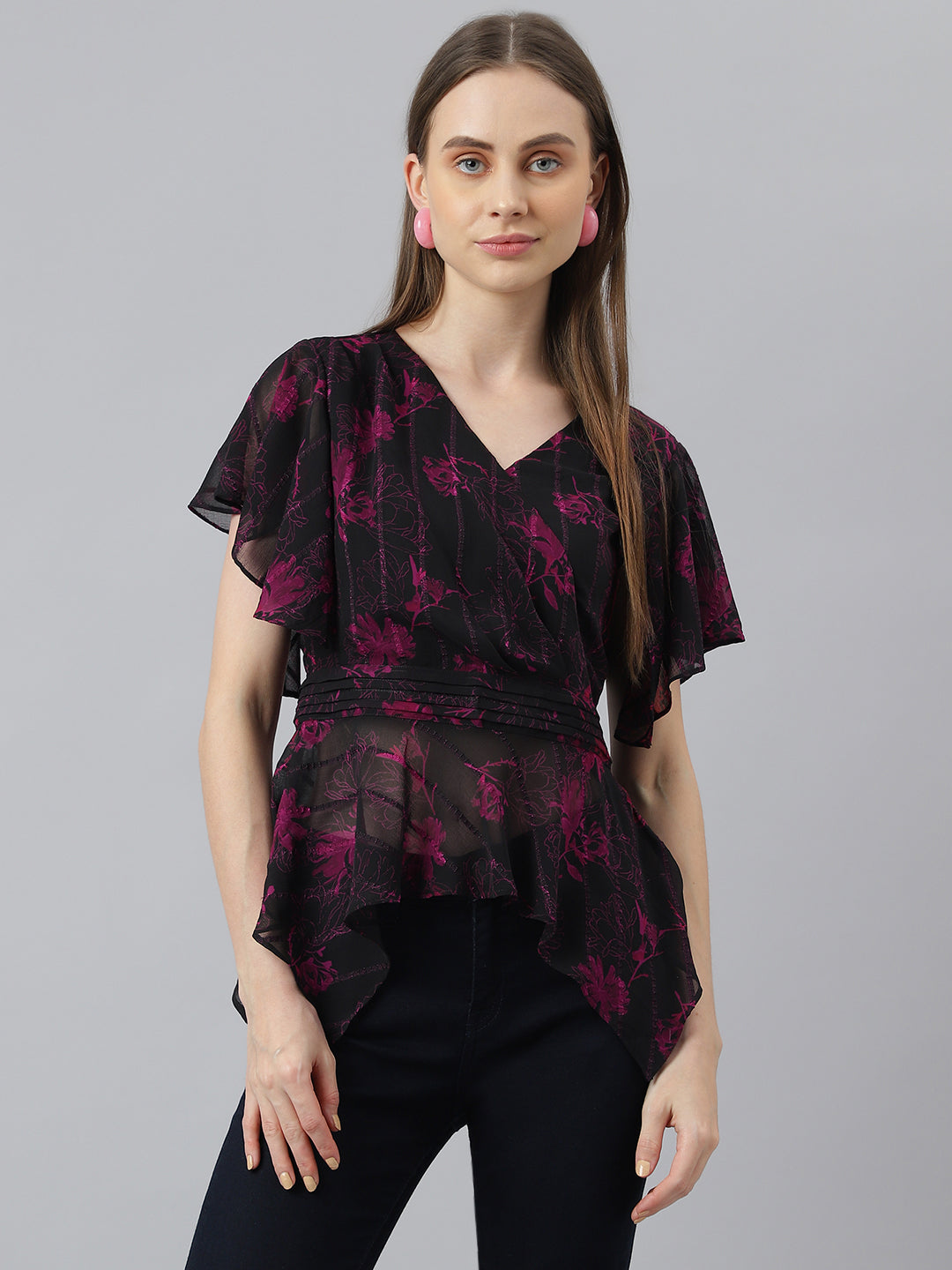 Black Half Sleeve V-Neck Floral Print Women Blouse Top for Casual