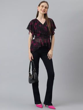 Black Half Sleeve V-Neck Floral Print Women Blouse Top for Casual