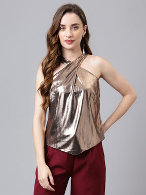 Copper Sleeveless Solid Women Halter Blouse Top for Party