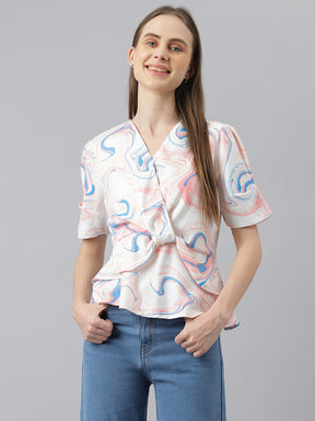 Latin Quarters Women'S Peach Printed V-Neck Half Sleeve Casual Top