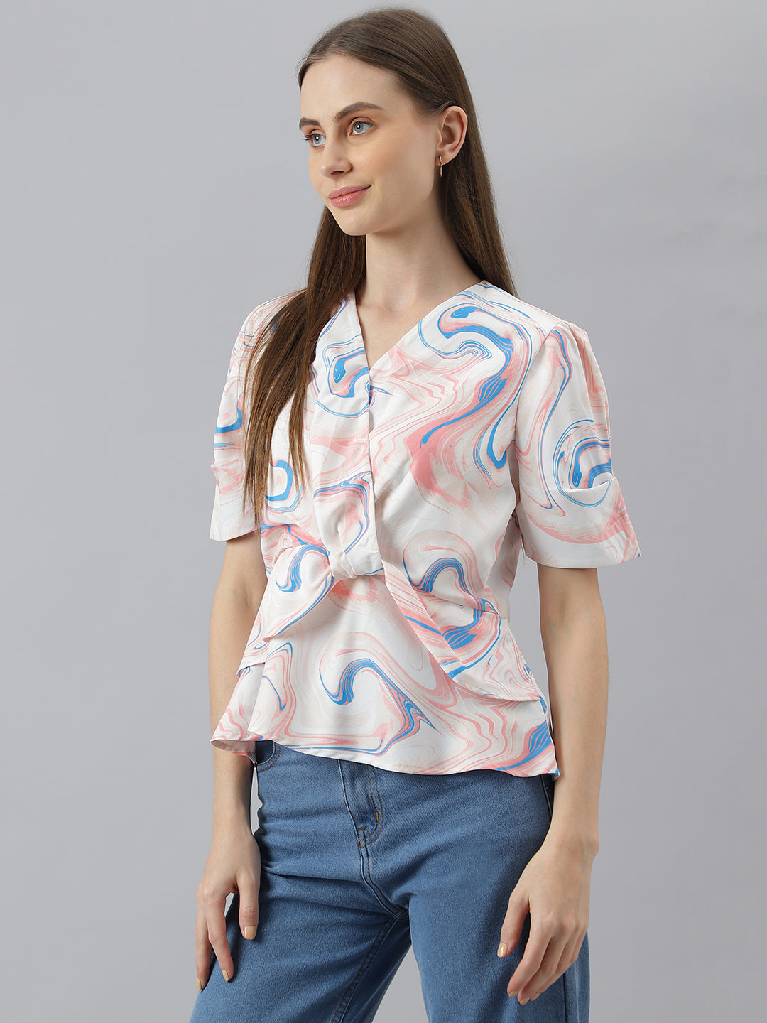 Latin Quarters Women'S Peach Printed V-Neck Half Sleeve Casual Top