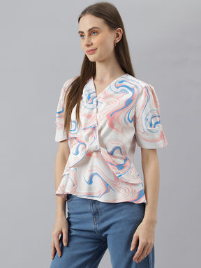 Latin Quarters Women'S Peach Printed V-Neck Half Sleeve Casual Top