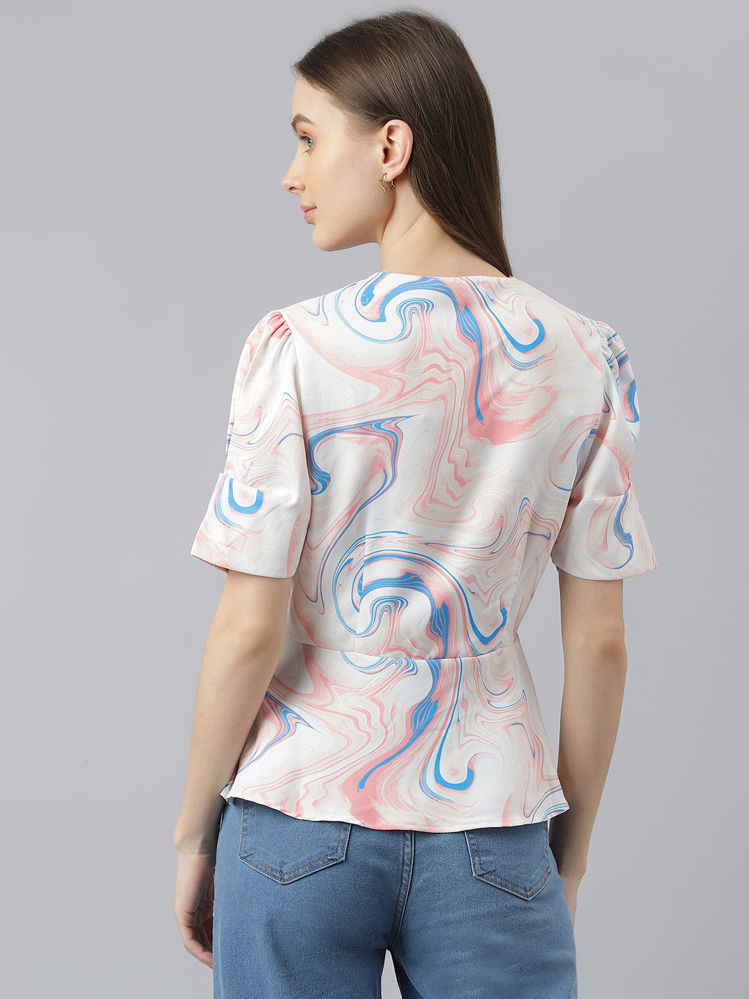 Latin Quarters Women'S Peach Printed V-Neck Half Sleeve Casual Top