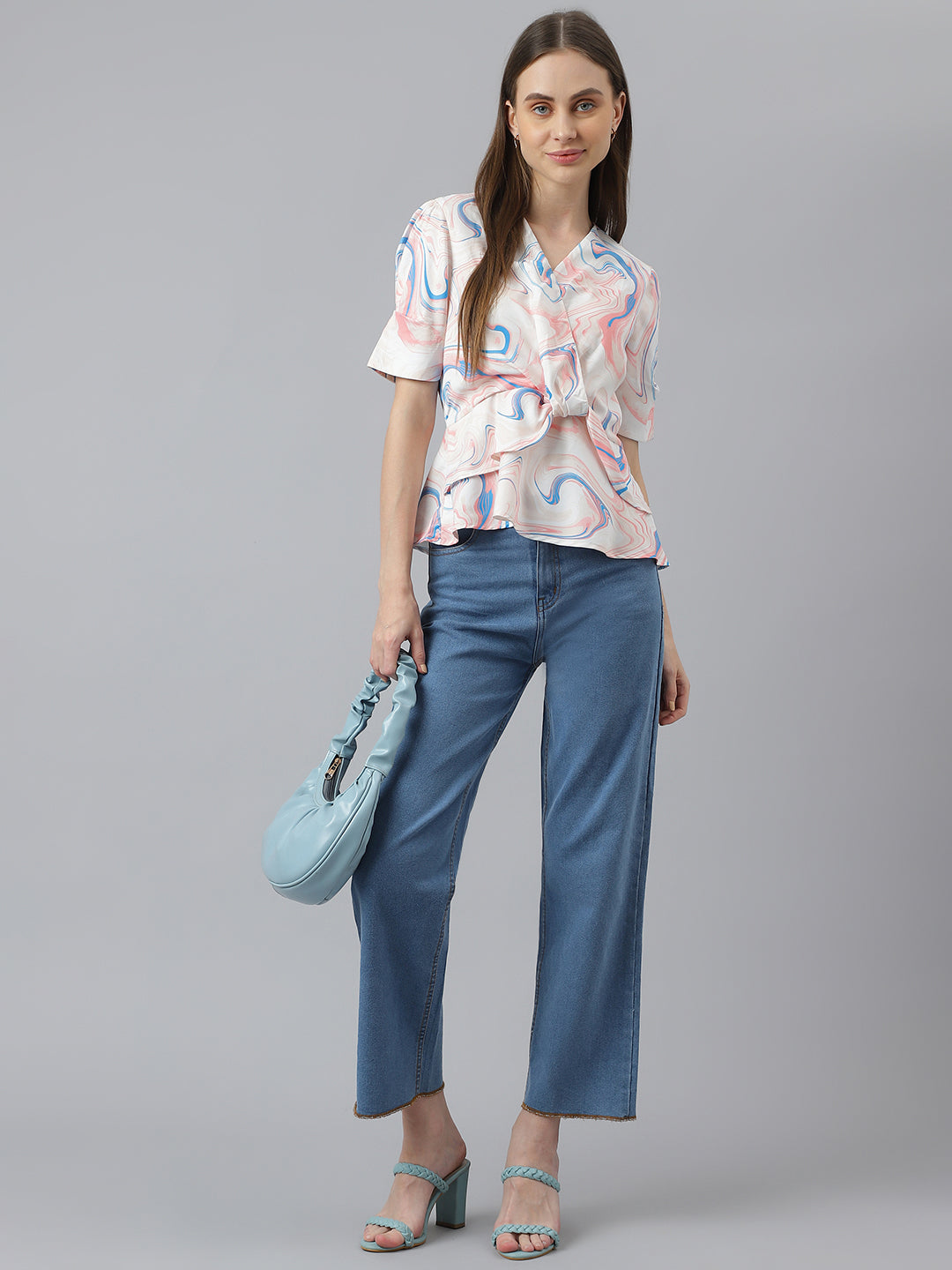 Latin Quarters Women'S Peach Printed V-Neck Half Sleeve Casual Top