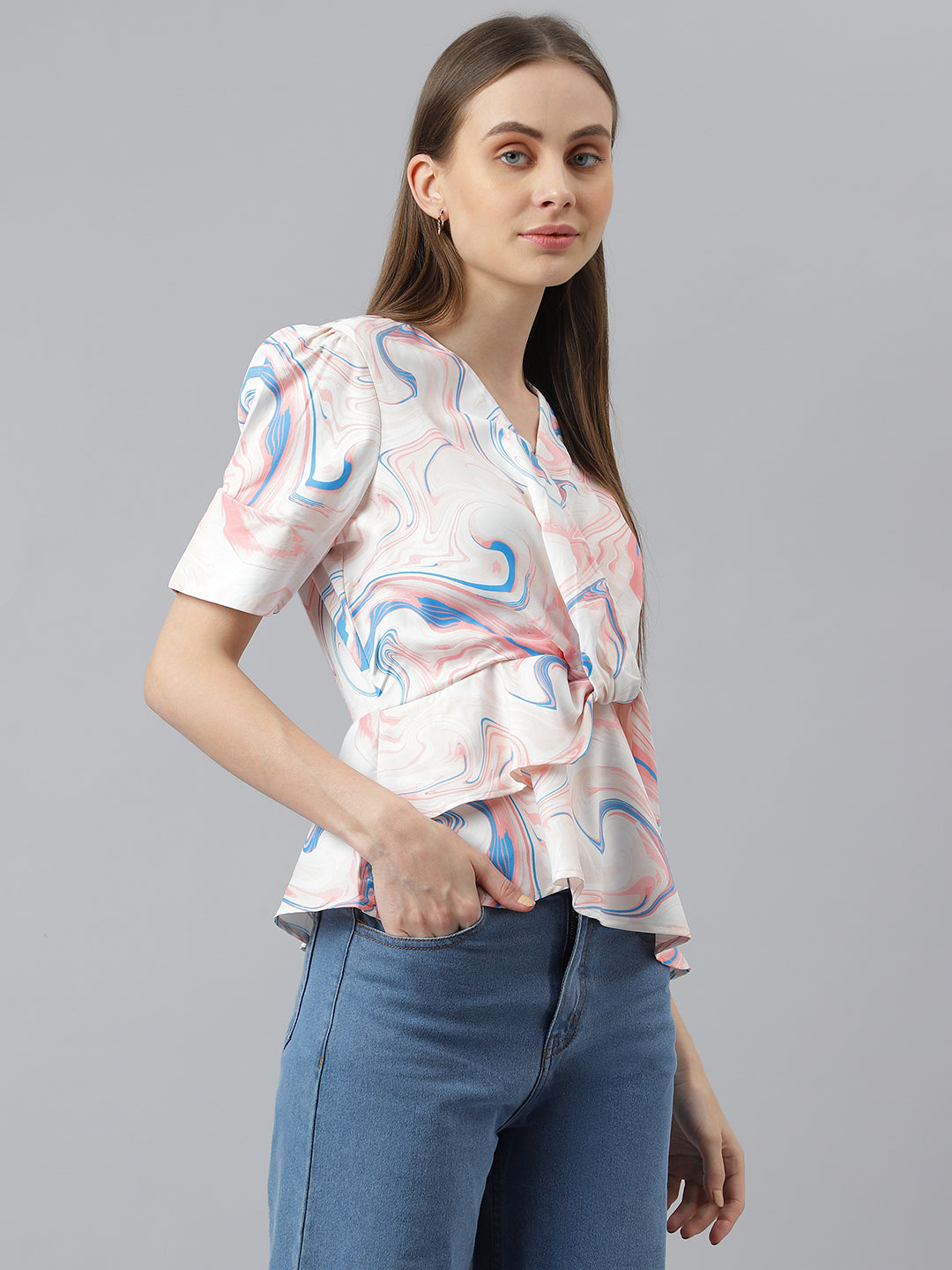 Latin Quarters Women'S Peach Printed V-Neck Half Sleeve Casual Top
