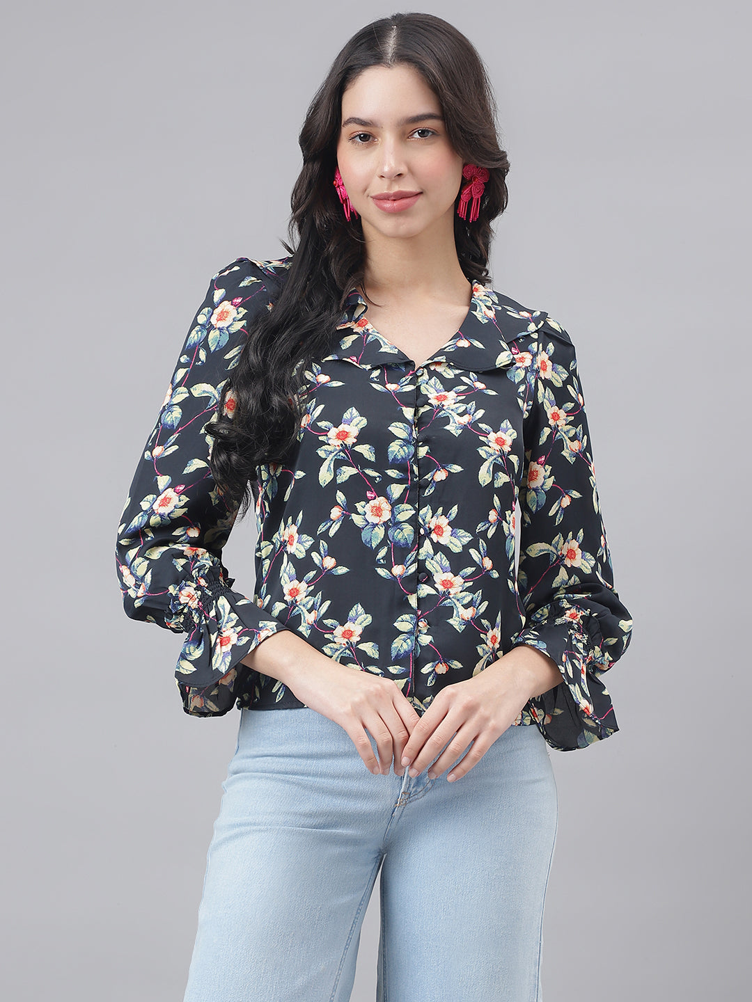 Black Full Sleeve Shirt Collar Women Floral Top