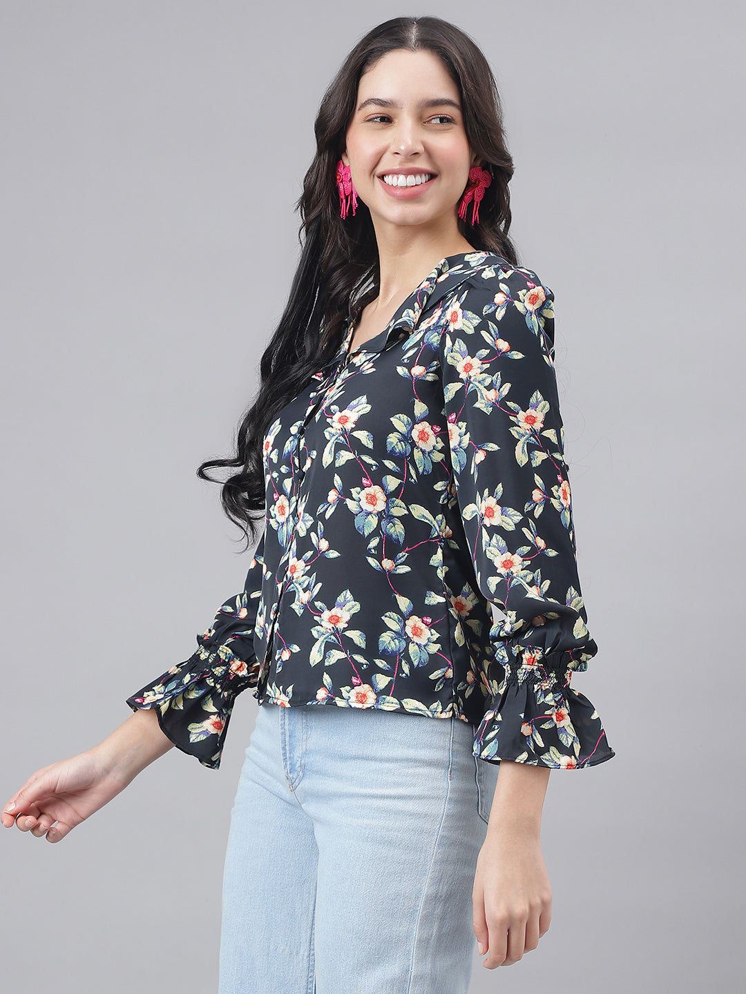 Black Full Sleeve Shirt Collar Women Floral Top