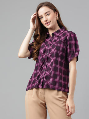 Wine Shirt Collar Short Sleeves Checked Top For Casual Wear