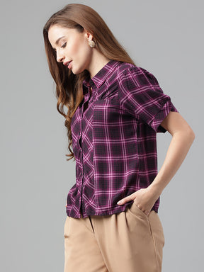 Wine Shirt Collar Short Sleeves Checked Top For Casual Wear