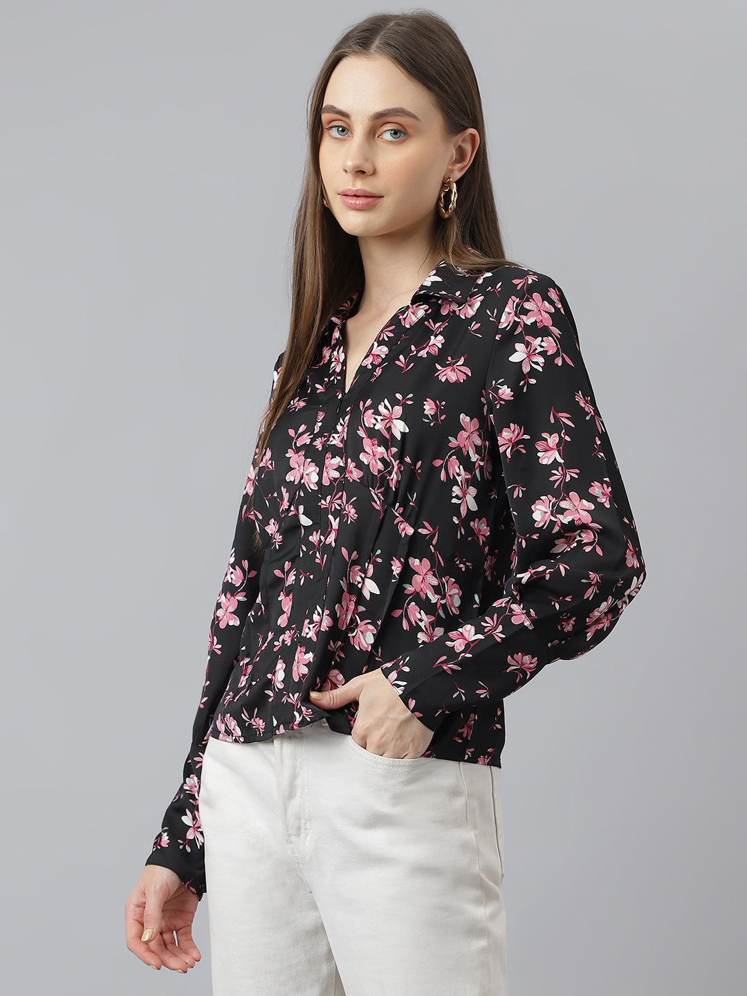 Latin Quarters Women Black Printed Full Sleeve Casual Shirt