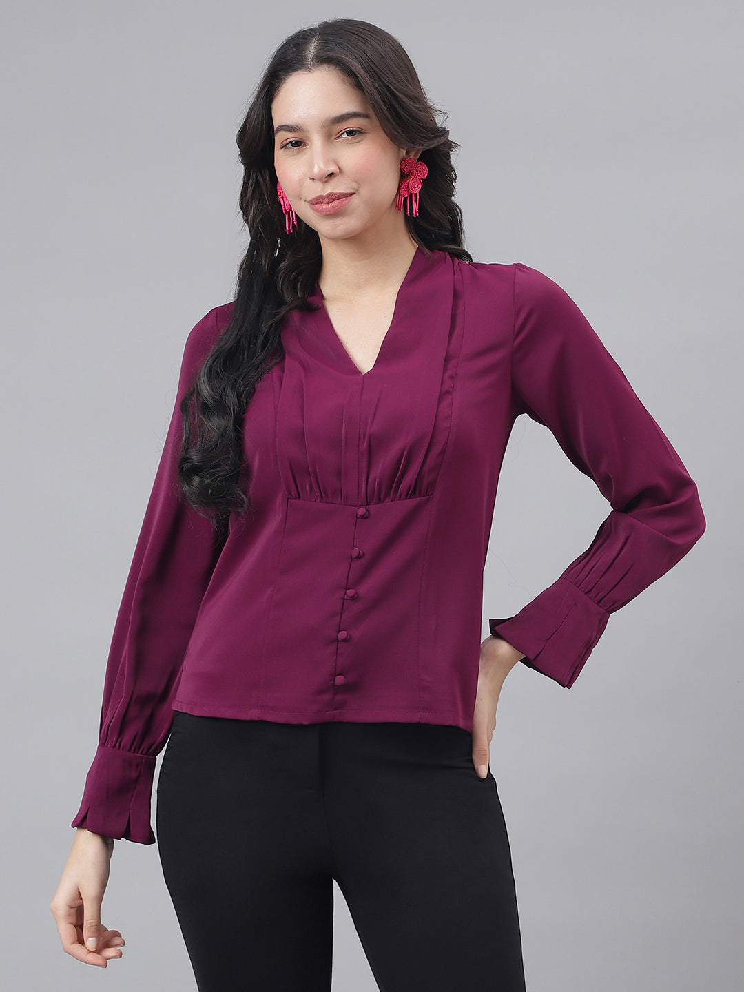 Wine Full Sleeve V-Neck Women Solid Top