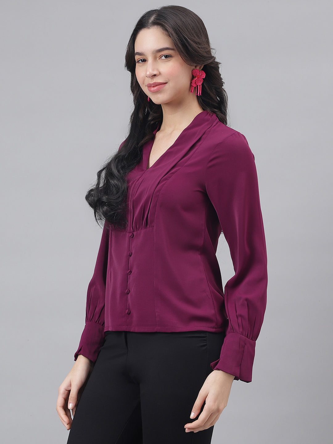 Wine Full Sleeve V-Neck Women Solid Top