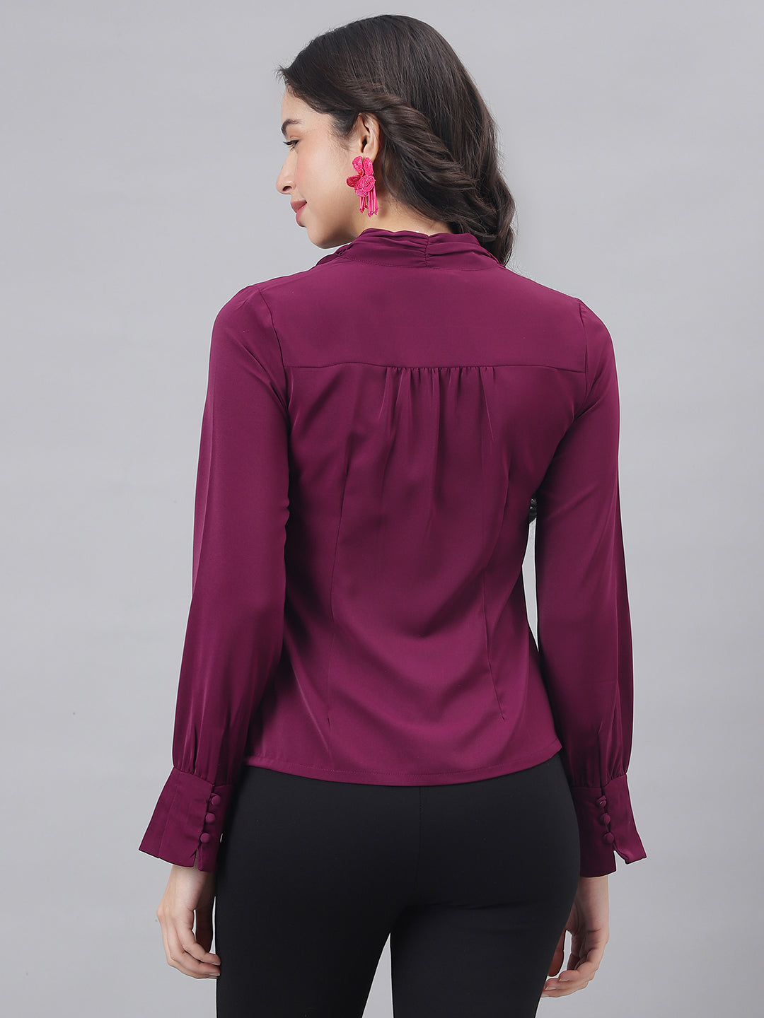 Wine Full Sleeve V-Neck Women Solid Top