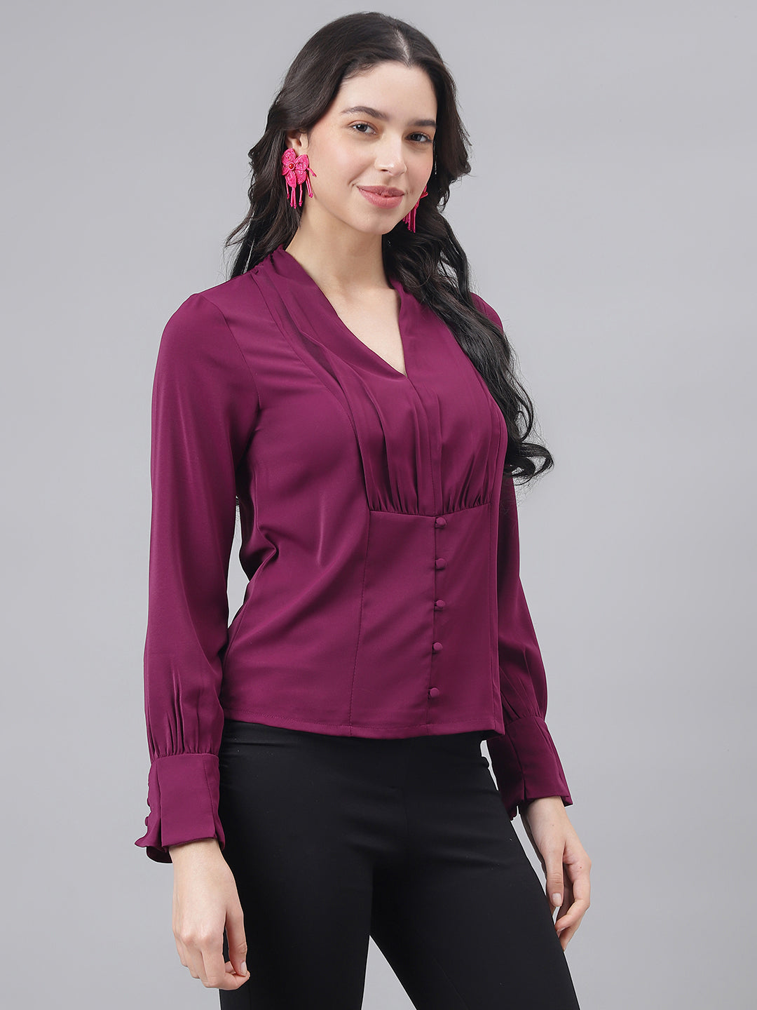 Wine Full Sleeve V-Neck Women Solid Top