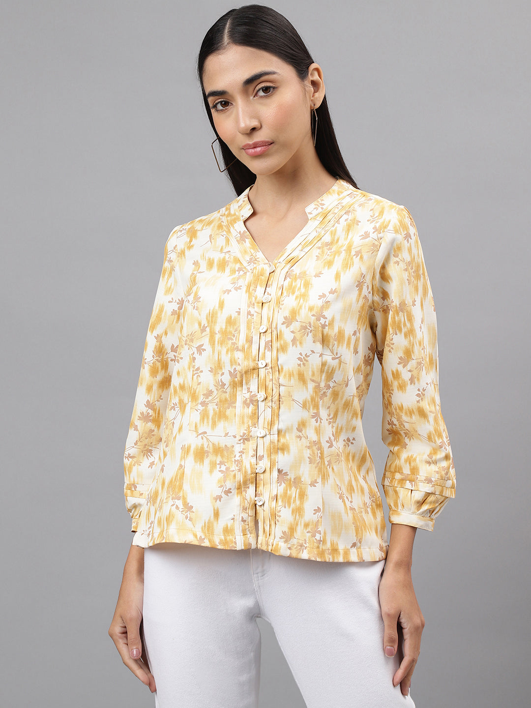 Yellow Full Sleeve V-Neck Floral Print Blouse Top