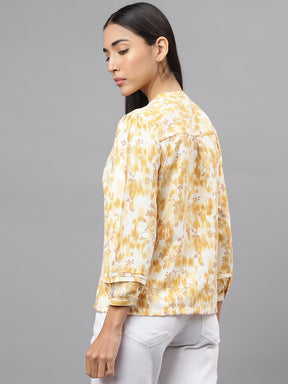 Yellow Full Sleeve V-Neck Floral Print Blouse Top