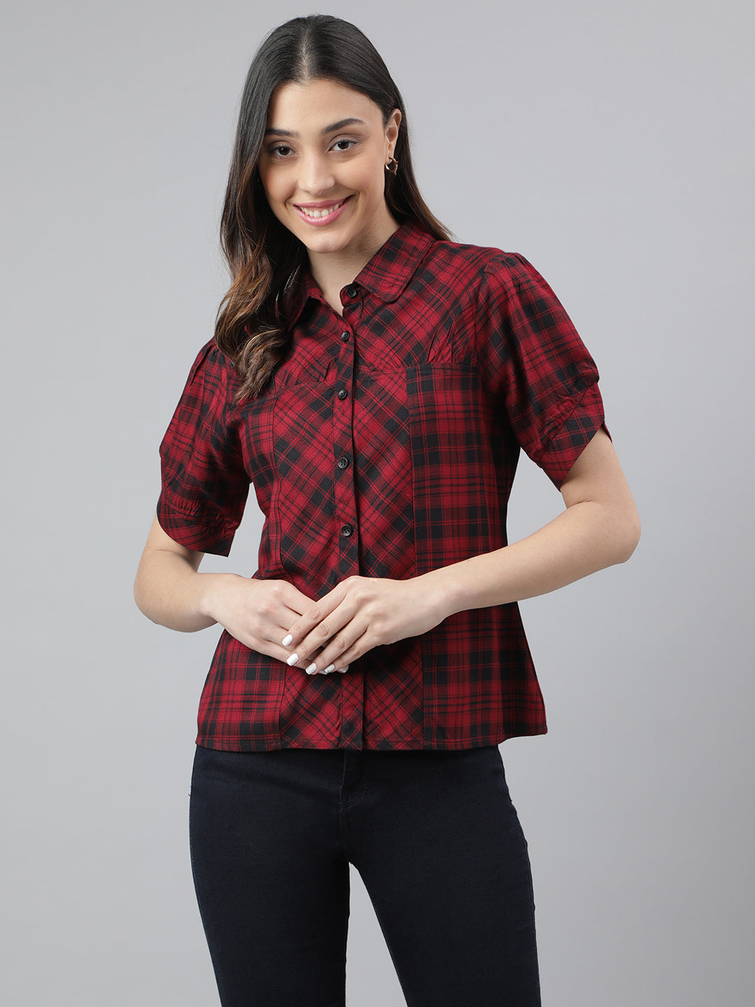 Maroon Half Sleeve Collar Neck Check Shirt Women Blouse Top for Casual