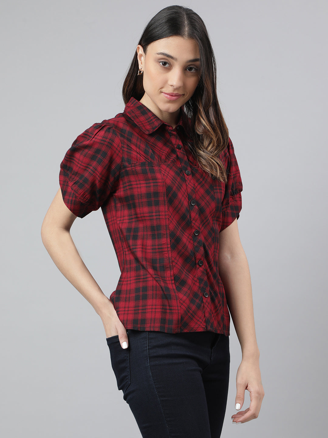 Maroon Half Sleeve Collar Neck Check Shirt Women Blouse Top for Casual