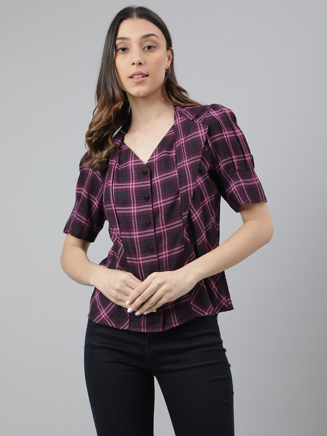 Wine Half Sleeve V-Neck Check Shirt Women Blouse Top for Casual