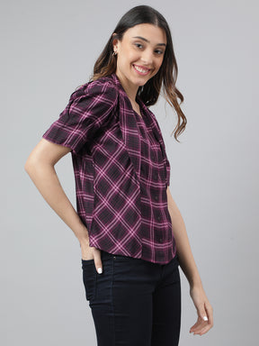 Wine Half Sleeve V-Neck Check Shirt Women Blouse Top for Casual