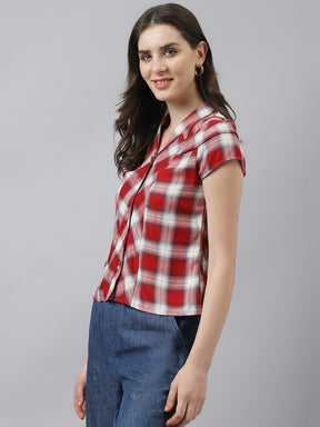 Red Shirt Collar Short Sleeves Checked Top For Casual Wear