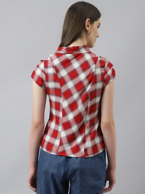 Red Shirt Collar Short Sleeves Checked Top For Casual Wear