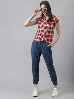 Red Shirt Collar Short Sleeves Checked Top For Casual Wear