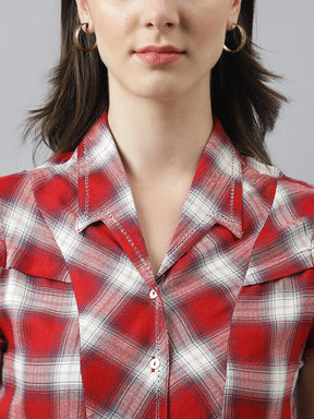 Red Shirt Collar Short Sleeves Checked Top For Casual Wear