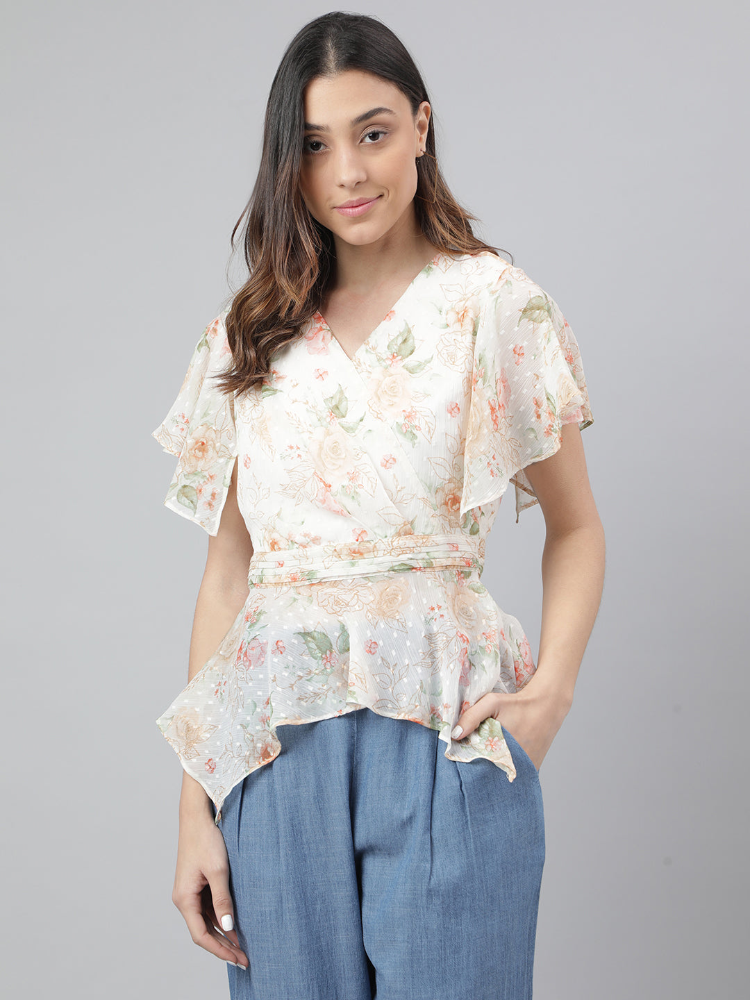 Ivory Half Sleeve V-Neck Floral Print Women Blouse Top For Casual