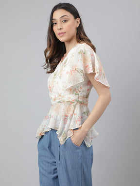 Latin Quarters Women'S Ivory Printed V-Neck Half Sleeve Casual Top