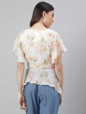 Latin Quarters Women'S Ivory Printed V-Neck Half Sleeve Casual Top