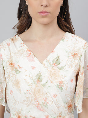 Latin Quarters Women'S Ivory Printed V-Neck Half Sleeve Casual Top