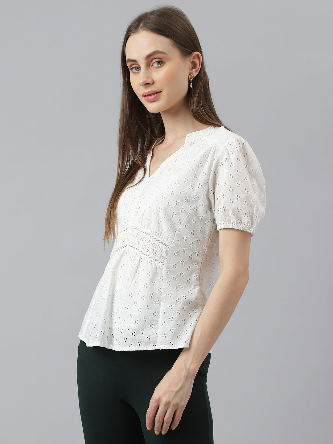 White Half Sleeves Solid Blouse Regular fit Top for Girls