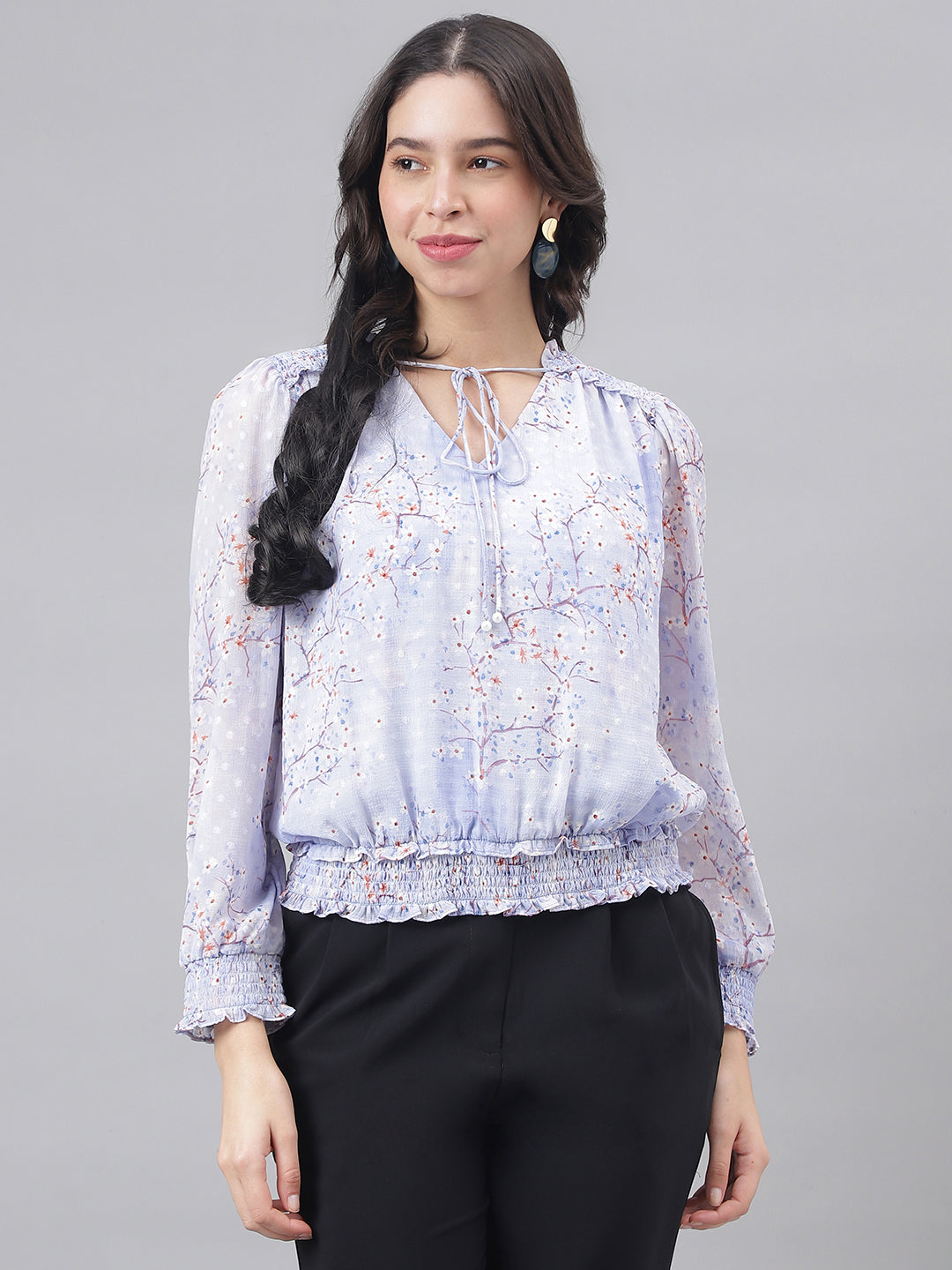 Blue Full Sleeve V-Neck Women Floral Top