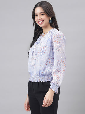 Blue Full Sleeve V-Neck Women Floral Top