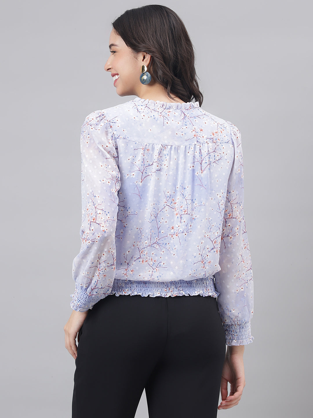 Blue Full Sleeve V-Neck Women Floral Top