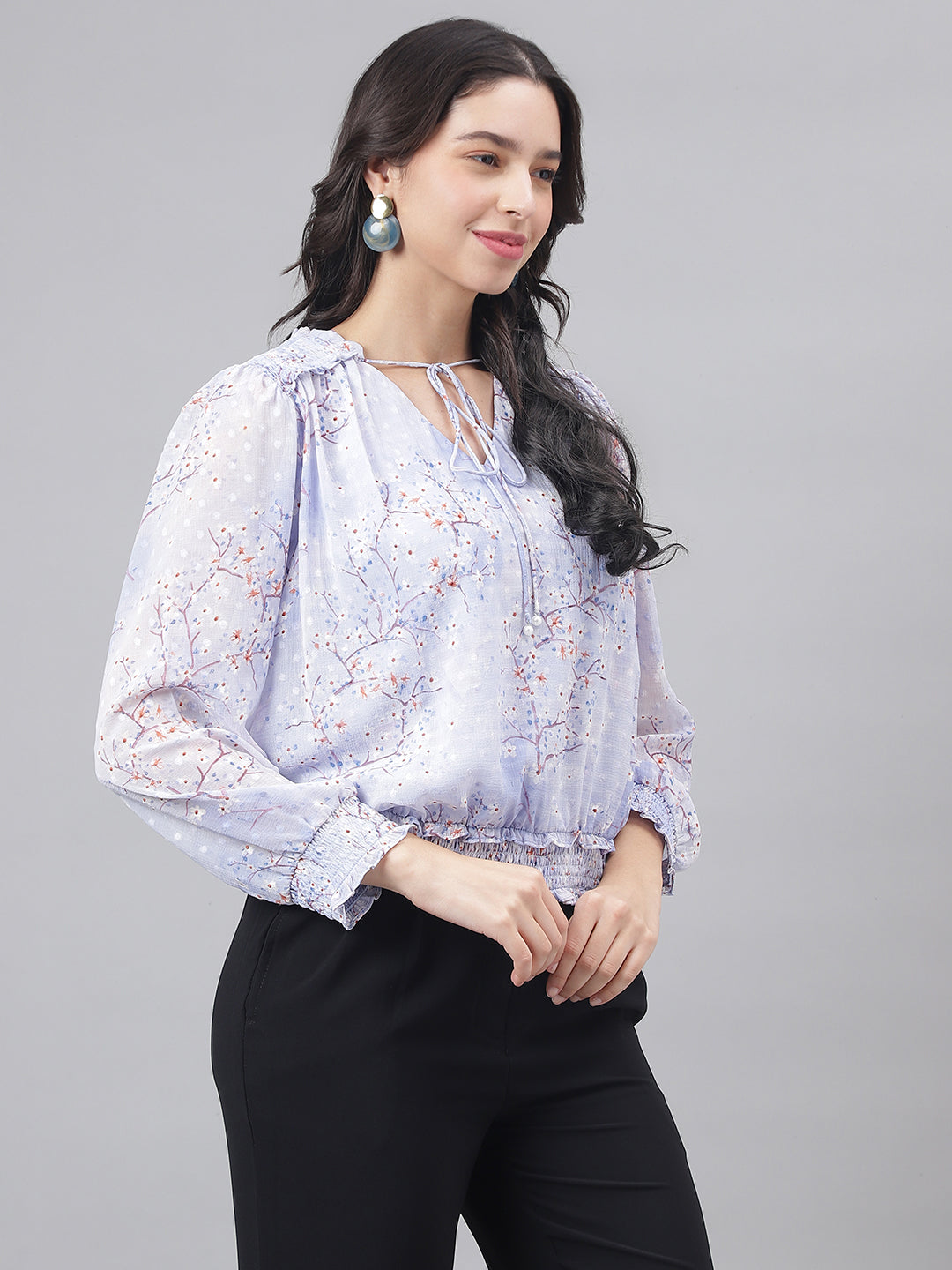 Blue Full Sleeve V-Neck Women Floral Top