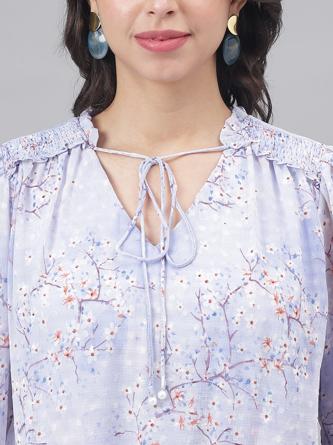 Blue Full Sleeve V-Neck Women Floral Top