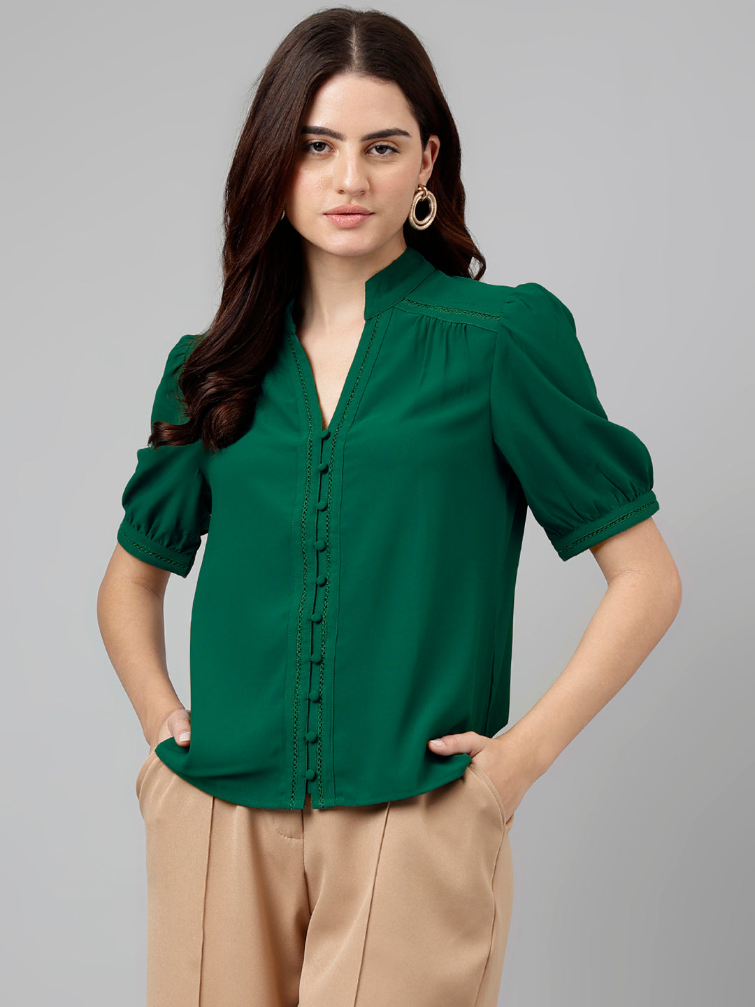 Green Solid Polyester Top